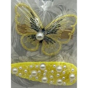 Melody Vintage Hair Clips Yellow Butterfly Youth Beaded New Embroidered Delicate